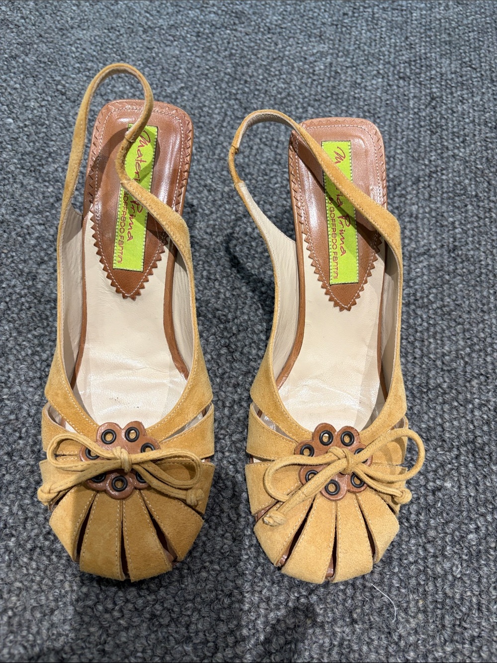 Slingback Peep-Toe Heels in Mustard Suede with Bow Accent
